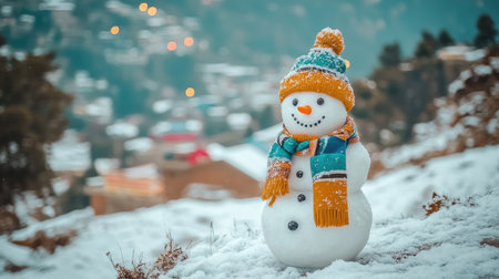 A cheerful snowman wearing a colorful hat and scarf stands proudly in a snowy landscape, capturing the essence of winter joy and festive spirit.の素材