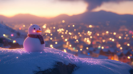 A charming snowman sits on a snowy hill with a mesmerizing view of a city illuminated by soft lights at dusk. The scene captures the essence of winter joy.の素材
