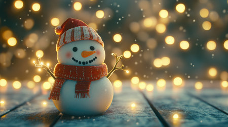 A cheerful snowman dressed in a red scarf and hat stands against a backdrop of softly glowing bokeh lights, embodying the spirit of winter joy and holiday cheer.の素材