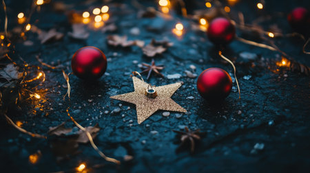 A captivating arrangement of a glittering star, red ornaments, and fairy lights creates a festive atmosphere, perfect for celebrating the holiday season.の素材