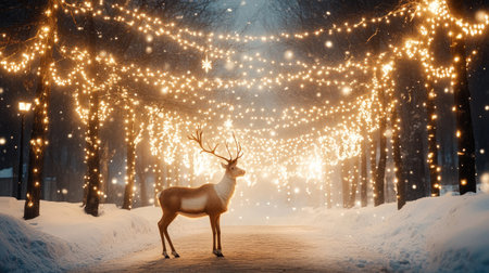 A striking reindeer stands gracefully in a snowy forest, surrounded by twinkling lights. The serene winter landscape creates a magical and enchanting scene full of festive charm.の素材