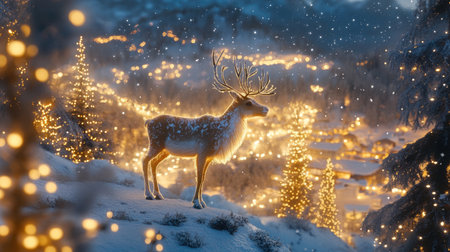 A majestic reindeer stands gracefully in a snowy landscape, surrounded by shimmering Christmas lights that illuminate the serene night, creating a magical winter scene.の素材
