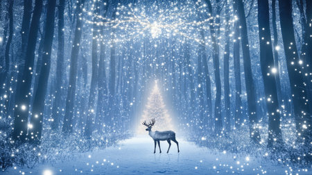 A majestic deer stands in a serene snowy forest, illuminated by glowing lights. The ethereal atmosphere creates a magical winter wonderland, evoking peace.の素材