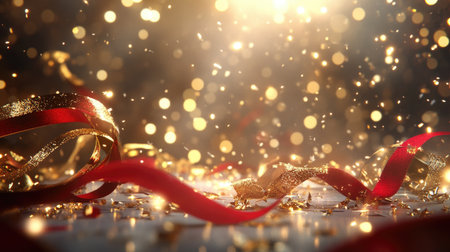 A captivating festive background featuring sparkling lights, red ribbons, and golden glitter. Perfect for celebrations, events, and joyful occasions.の素材