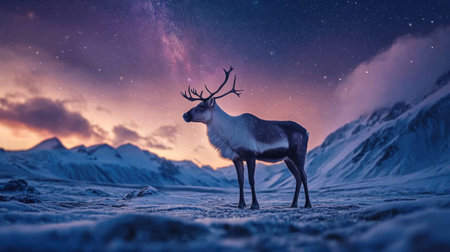 A majestic reindeer stands gracefully in a snowy landscape, framed by a stunning starry night sky. This serene scene captures the beauty of nature's wilderness.の素材