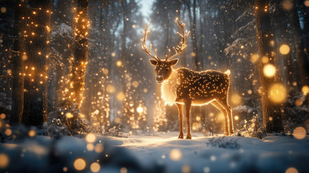 A majestic deer stands in a snowy forest, surrounded by glowing lights. This enchanting winter scene captures the beauty and tranquility of nature during the festive season.の素材