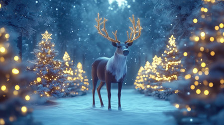 A serene winter scene featuring a majestic reindeer standing amidst snow-covered trees adorned with glowing Christmas lights, evoking a magical holiday atmosphere.の素材