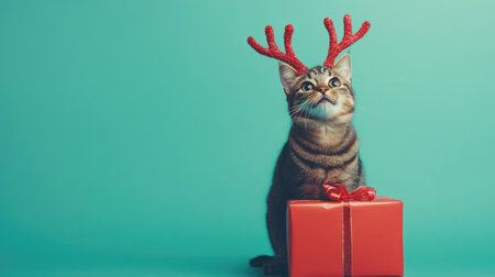 A charming cat with reindeer antlers sits beside a vibrant gift box. This playful image captures the festive spirit, perfect for holiday themes and decorations.の素材