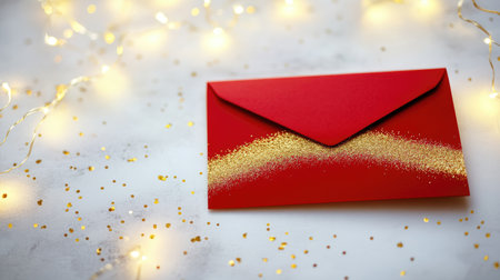 A vibrant red envelope decorated with golden glitter, set against a festive backdrop, perfect for holiday greetings or romantic messages.の素材