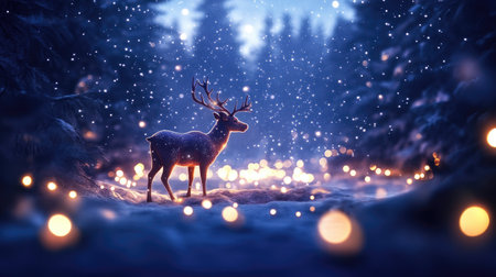 A tranquil winter scene depicting a deer standing in a snowy forest illuminated by glowing lights. Soft snowfall creates a magical atmosphere, perfect for holiday themes.の素材