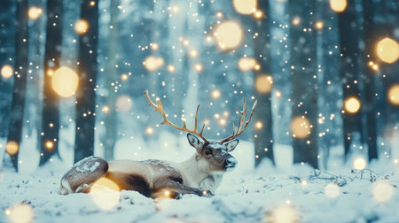 A tranquil reindeer rests peacefully in a snowy forest, surrounded by tall trees. Soft snowfall creates a magical atmosphere, enhancing the serene winter landscape.の素材