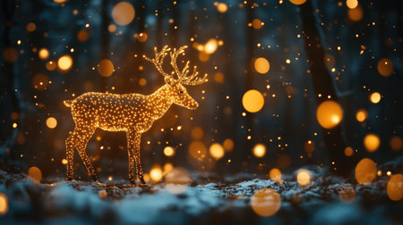 A captivating image of a glowing reindeer stands elegantly in a winter forest, surrounded by sparkling lights. The serene atmosphere creates a magical winter scene.の素材