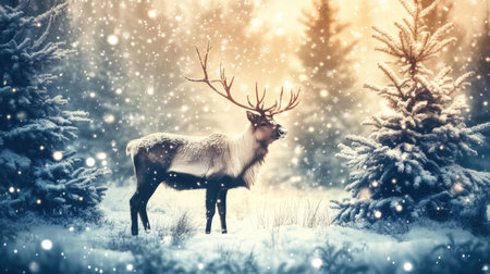 A majestic deer stands gracefully in a snowy forest, surrounded by gently falling snowflakes. This serene winter scene captures the beauty of wildlife.の素材