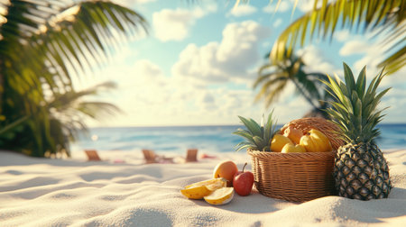 A stunning tropical beach scene featuring a basket of fresh fruits, including pineapple and citrus, set against soft sand and gentle ocean waves, perfect for relaxation.の素材