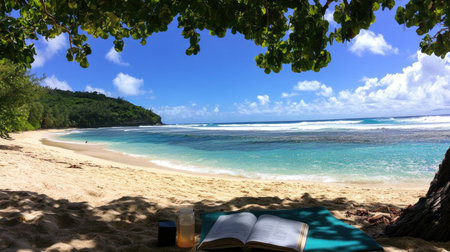 A serene beach scene featuring soft sand, inviting waters, and an open book under a lush tree, perfect for relaxation and escape in a tropical paradise.の素材