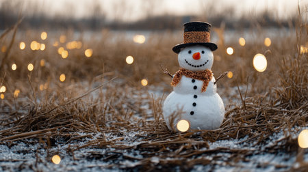 This enchanting snowman stands proudly in a winter landscape, illuminated by soft fairy lights. A perfect representation of holiday cheer and seasonal joy.の素材