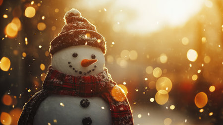 A charming snowman in a knit hat and scarf stands gently illuminated by soft sunlight. The background features falling snowflakes and a cozy bokeh effect, creating a festive winter atmosphere.の素材