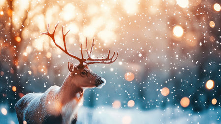 A stunning portrait of a reindeer in a snowy landscape, surrounded by falling snowflakes. Soft bokeh lights create an enchanting winter atmosphere.の素材