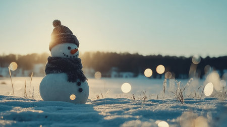 Adorable snowman stands in a serene winter landscape under soft sunlight. The scene captures the magic of winter with a cheerful character amidst tranquil surroundings.の素材