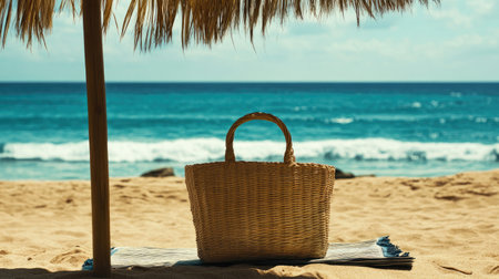 A tranquil scene featuring a woven basket under a beach umbrella, with gentle ocean waves lapping at the sandy shore, perfect for summer escapes.の素材