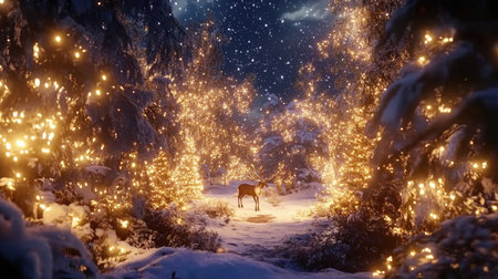 A serene winter forest scene featuring a deer amidst glowing lights and snow-covered trees. The enchanting atmosphere creates a magical winter wonderland.の素材