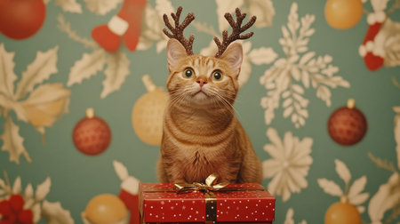 A charming ginger cat wearing festive antlers sits atop a bright gift box, surrounded by colorful Christmas decorations, bringing joy and warmth to the holiday season.の素材