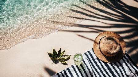 A serene beach scene featuring a straw hat, a refreshing drink, and palm shadows on soft sand, ideal for evoking feelings of relaxation and tranquility.の素材
