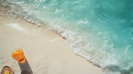 A colorful drink rests on soft sand beside gentle turquoise waves. This serene beach scene captures the essence of relaxation and tropical bliss.の素材