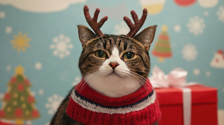 A charming cat with antlers and a cozy sweater poses festively in a cheerful holiday setting, capturing the essence of Christmas joy and warmth.の素材