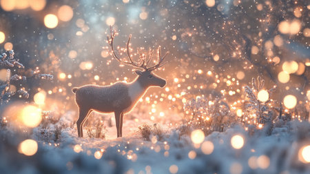 A captivating winter scene featuring a reindeer standing gracefully amidst falling snowflakes and glowing bokeh lights, creating a magical atmosphere.の素材