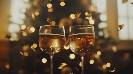 Two glasses of sparkling beverage clink together, celebrating the holiday season with a beautifully decorated Christmas tree and warm ambiance.の素材
