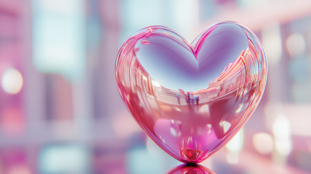 A beautifully crafted pink heart-shaped glass object sits on a reflective surface, capturing light and creating a warm atmosphere. Perfect for themes of love and beauty.の素材
