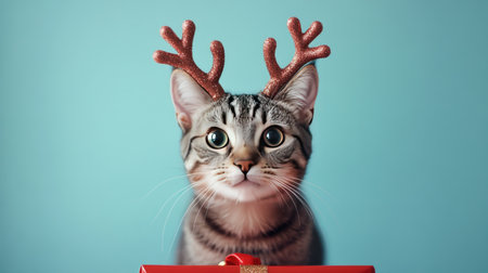 This charming cat with festive antlers sits proudly beside a colorful gift, radiating joy and holiday spirit. Perfect for celebrating the season!の素材