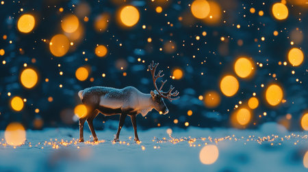 A serene reindeer walks through a snowy landscape, surrounded by sparkling lights. The enchanting winter scene captures the beauty and tranquility of nature.の素材