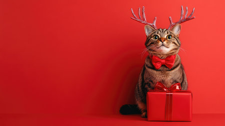 A charming cat wearing festive antlers and a red bow tie sits beside a beautifully wrapped gift on a vibrant red background, bringing joy to the holiday season.の素材