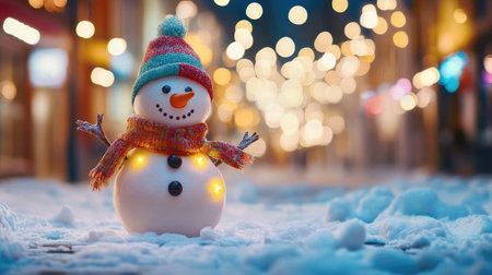 A charming snowman wearing a colorful scarf and a hat stands happily in a snowy street, surrounded by beautiful bokeh lights, radiating festive cheer.の素材