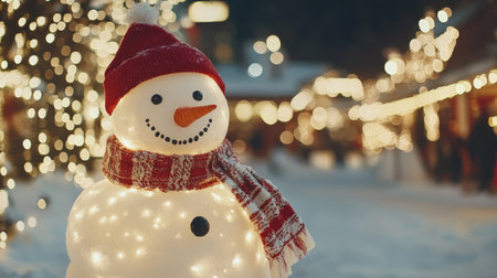 A cheerful snowman adorned with glowing lights stands in a winter wonderland, creating a magical holiday atmosphere perfect for festive celebrations.の素材