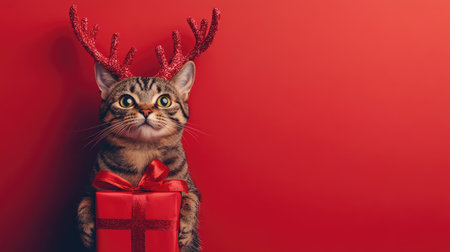 A charming cat wearing festive reindeer antlers stands with a wrapped gift box against a vibrant red backdrop, capturing the spirit of the holiday season.の素材