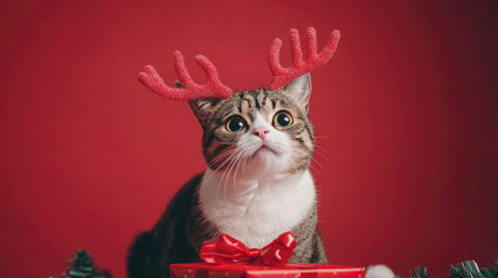 This adorable cat sports festive reindeer antlers and a red bow, creating a joyful holiday scene. Perfect for Christmas themes and animal lovers!の素材