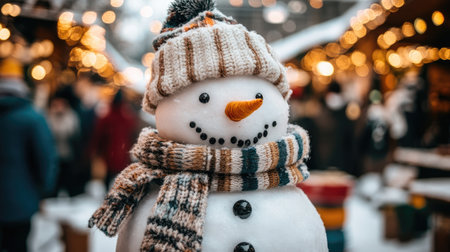 A charming snowman adorned with a colorful scarf and hat stands in a bustling winter market filled with festive lights, capturing the essence of holiday joy.の素材