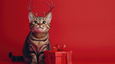 A cute cat wearing festive antlers sits beside a beautifully wrapped gift on a vibrant red background, perfect for holiday themes and pet lovers.の素材