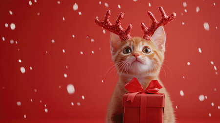 This delightful image features a ginger kitten sporting festive reindeer antlers and sitting next to a charming gift box, creating a joyful holiday atmosphere.の素材