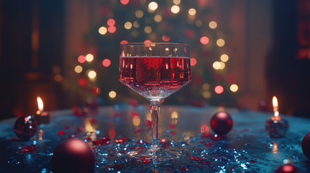 A stunning close-up of a red cocktail in an elegant glass, placed on a festive table with colorful decorations and a bokeh Christmas background, perfect for holiday celebrations.の素材