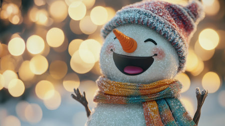 Cheerful snowman with a bright smile and colorful scarf stands out against a backdrop of soft, glowing Christmas lights, perfect for holiday themes.の素材