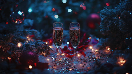 Two glasses of sparkling champagne stand together in a festive setting, surrounded by colorful lights and holiday decorations, creating a joyful atmosphere.の素材