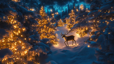 Enchanting winter landscape featuring a solitary reindeer amidst sparkling lights on snow-covered trees. The serene atmosphere evokes holiday magic.の素材