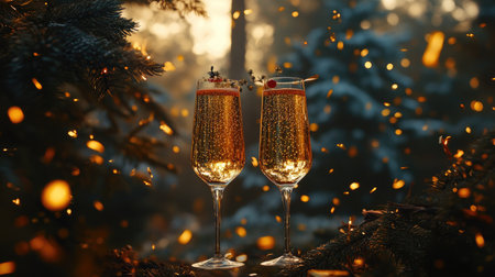 Two elegant champagne glasses sparkle in a cozy winter setting, surrounded by twinkling lights and lush evergreen trees, perfect for festive celebrations and gatherings.の素材