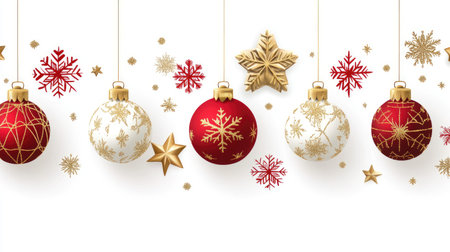 A stunning arrangement of red and white Christmas ornaments featuring intricate gold snowflake designs and golden stars, perfect for holiday decor.の素材