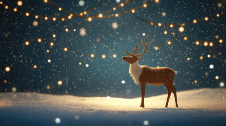 A mesmerizing scene of a reindeer standing in a snowy landscape, surrounded by twinkling lights and gentle snowfall, creating a magical winter atmosphere.の素材