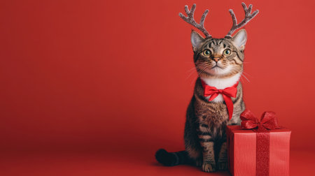 A charming cat dressed for the holidays with reindeer antlers and a red bow tie stands beside a beautifully wrapped present, evoking festive joy.の素材